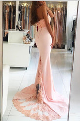 Cute Pink Lace Backless Mermaid Halter Beaded Long Prom Dresses
